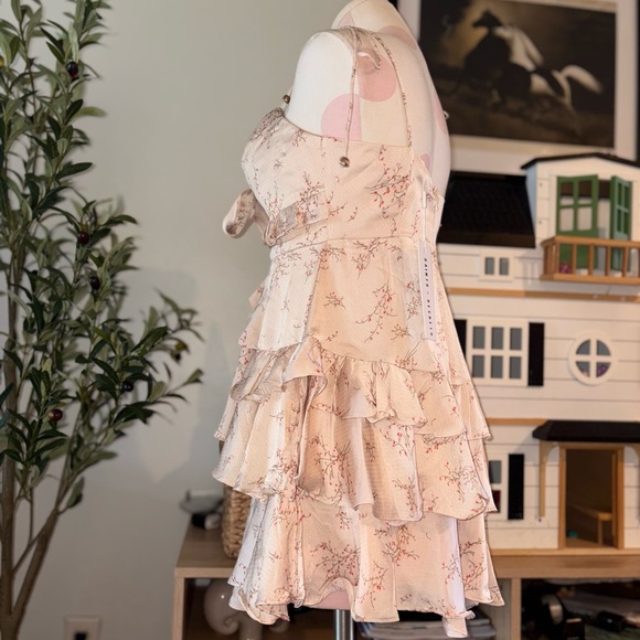 Saints + Secrets Champagne Floral Ruffled Mini Dress - Size Large NWT - Picture 4 of 8